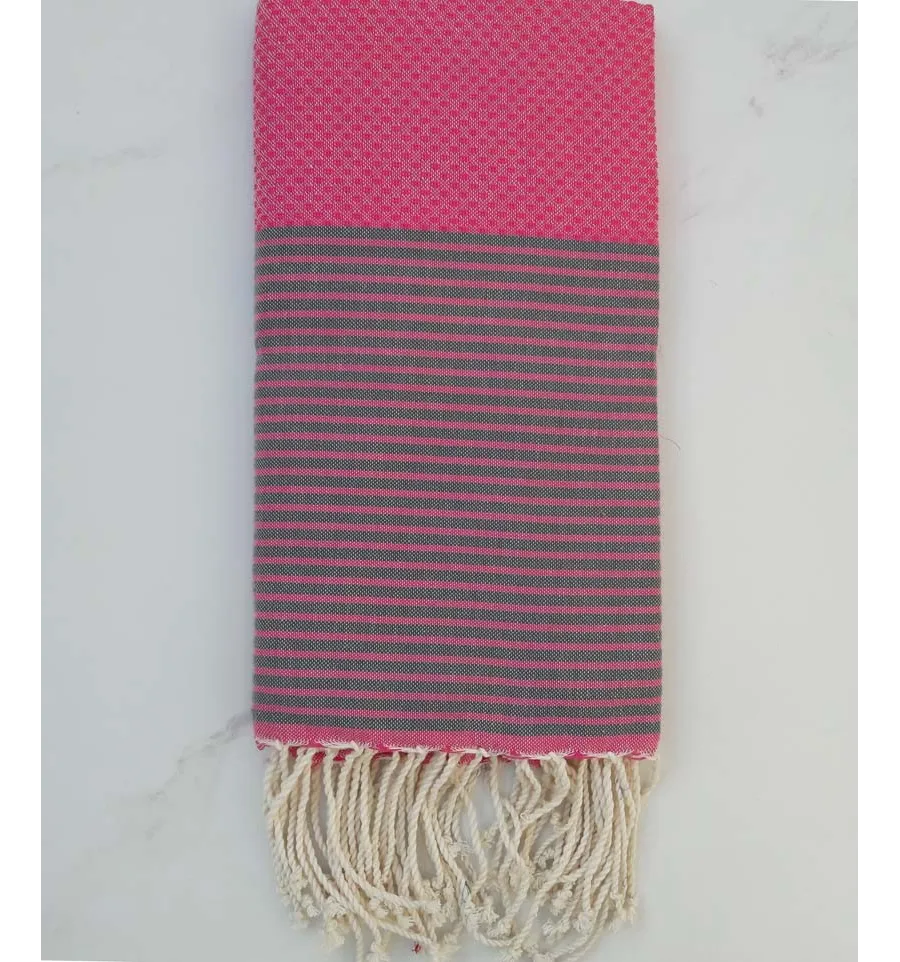 Fouta nido d'ape rosa con strisce grigie 