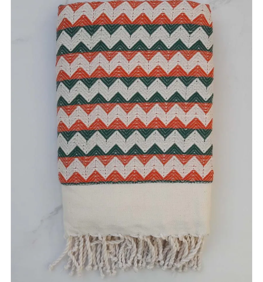 Fouta zigzag bianco crema, arancione e verde 