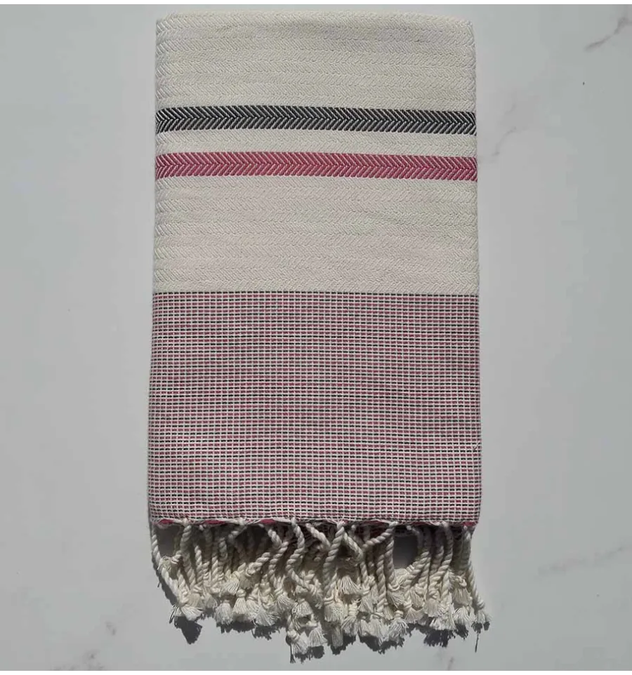 Fouta chevron bianco crema, grigio piombo e rosa violaceo 