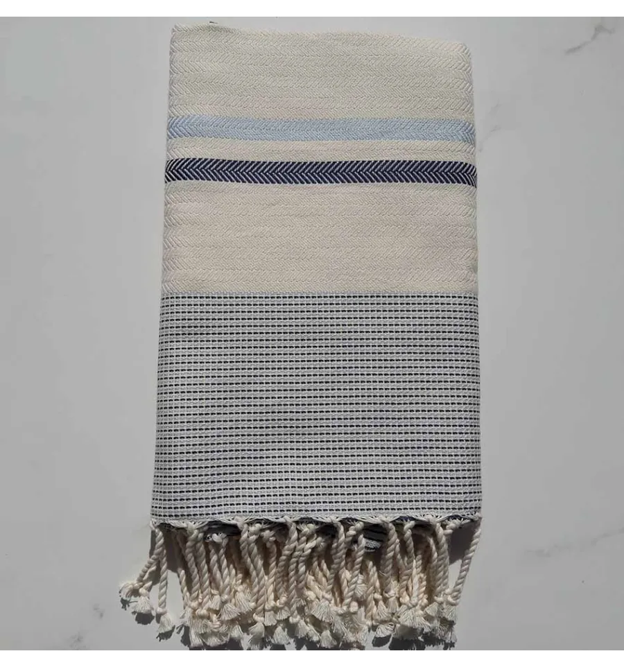 Fouta chevron bianco crema, blu cielo e blu marina 