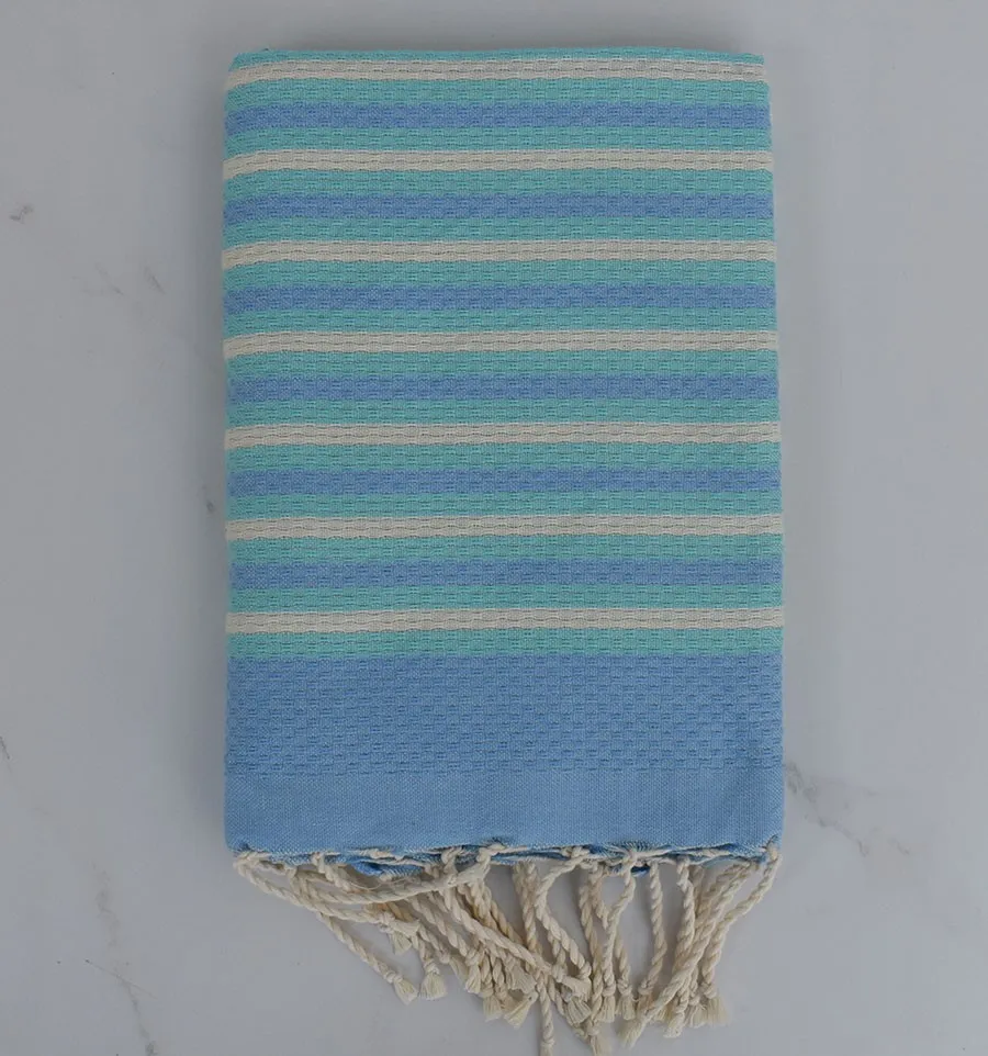 Fouta nido d'ape a strisce 1 cm blu, bianco crema e turchese 