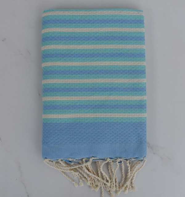 Fouta nido d'ape a strisce 1 cm blu, bianco crema e turchese 