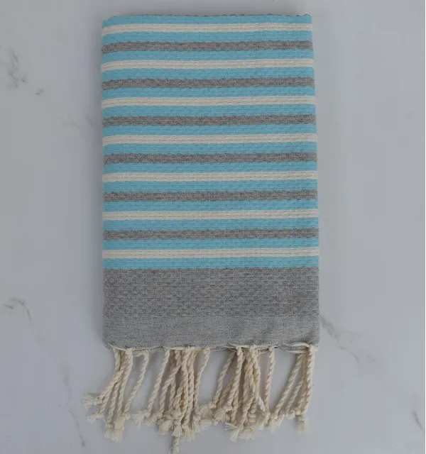 Fouta nido d'ape a strisce da 1 cm gri, blu azzurro e crema blan 