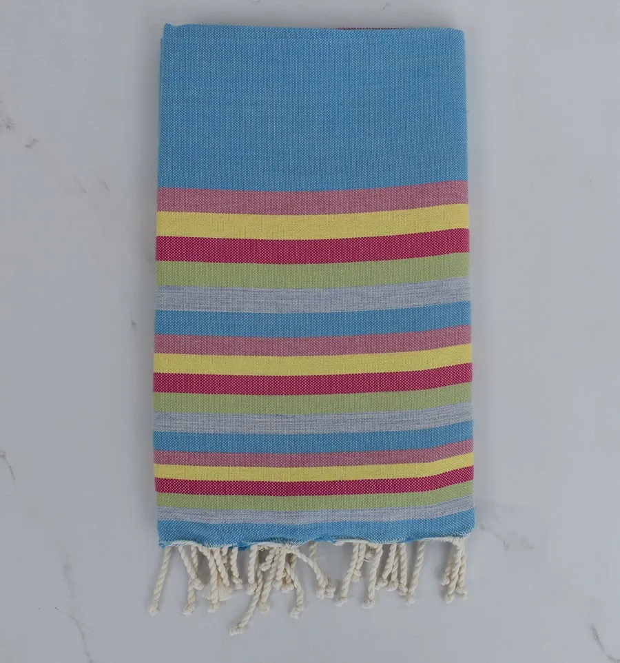 Fouta piatta blu, rosa, giallo e verde 