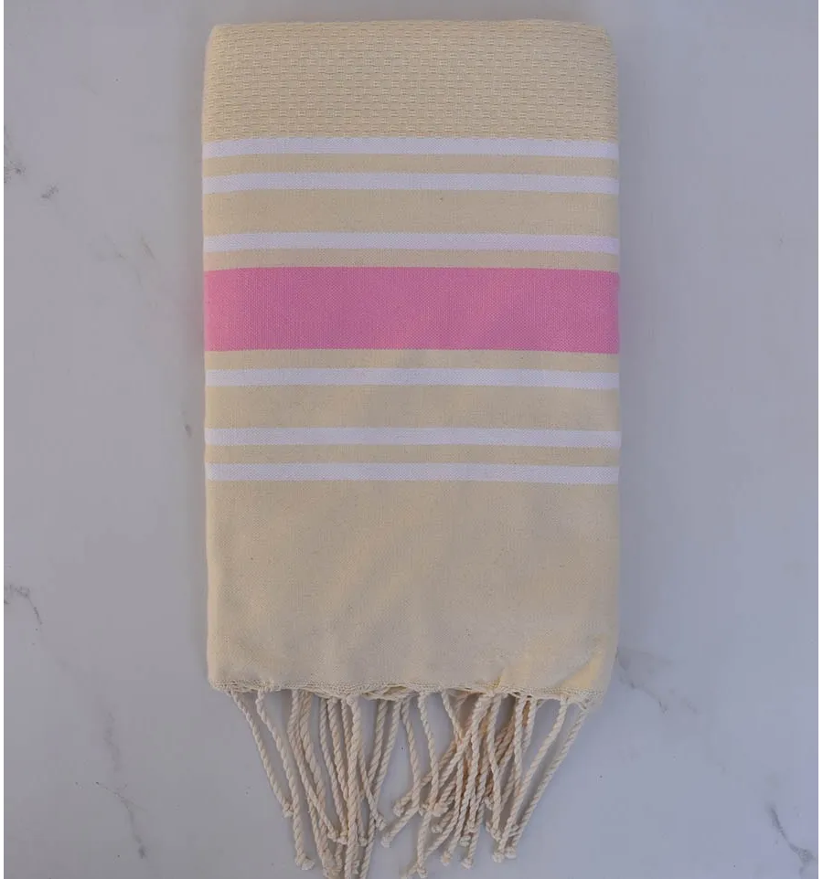 Fouta giallo burro a nido d'ape a strisce bianche e rosa chiaro 