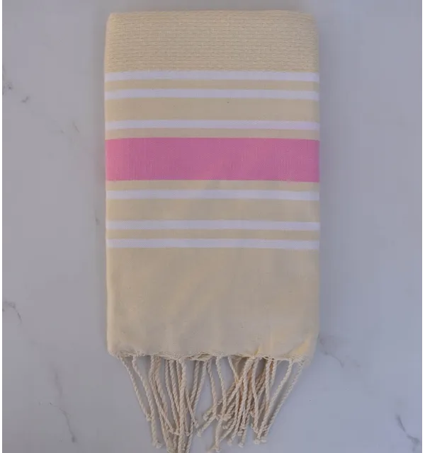 Fouta giallo burro a nido d'ape a strisce bianche e rosa chiaro 