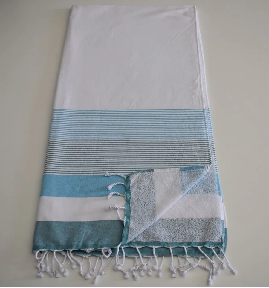 Fouta spugna bianca, blu azzurro chiaro e anatra 