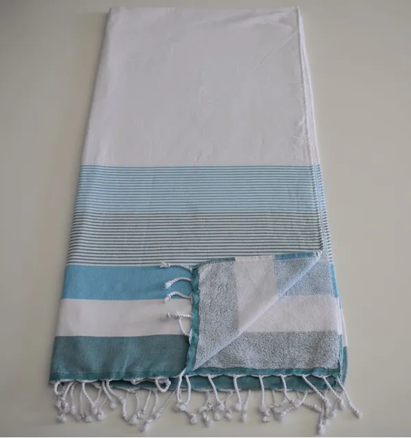 Fouta spugna bianca, blu azzurro chiaro e anatra 