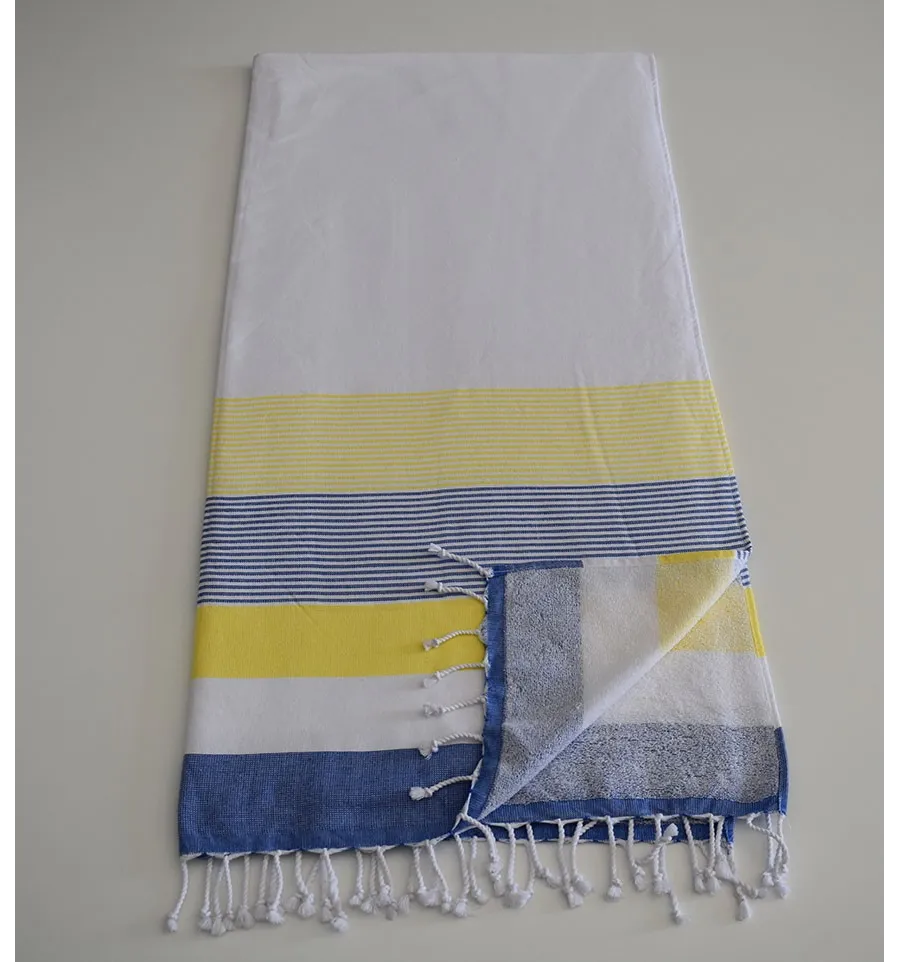 Fouta spugna bianca, gialla e blu 