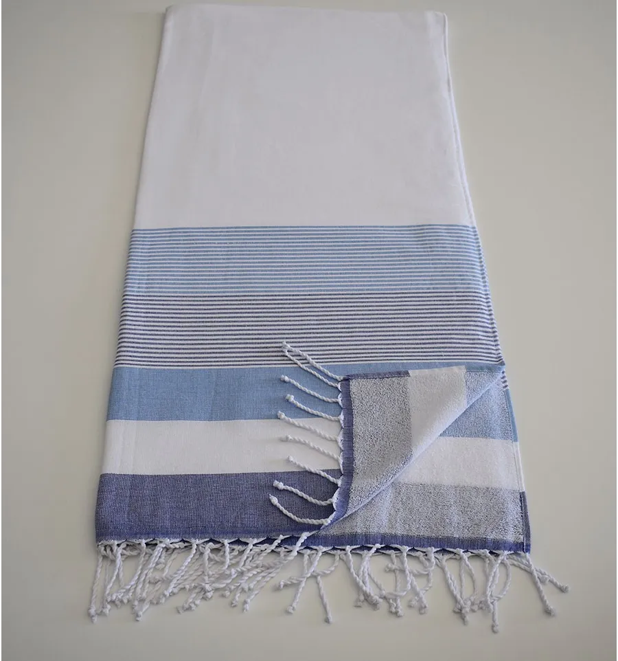 Telo mare Fouta spugna bianca e blu 