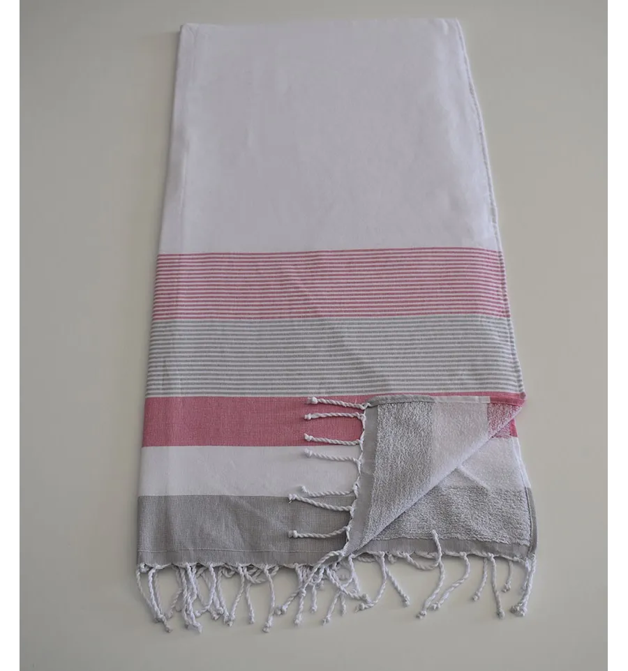 Fouta spugna bianca, rosa e grigia 