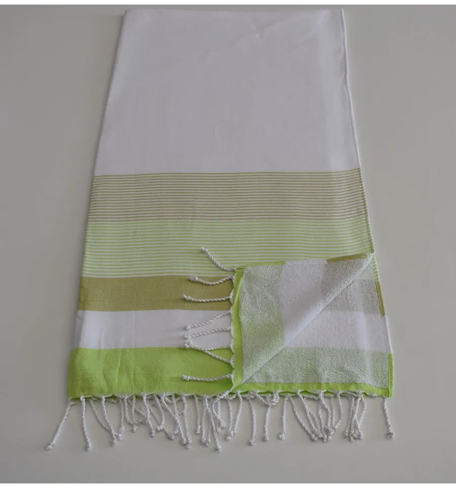 Fouta spugna bianca, verde chiaro e kaki chiaro 