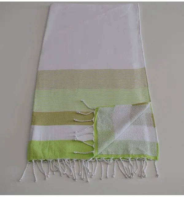 Fouta spugna bianca, verde chiaro e kaki chiaro 