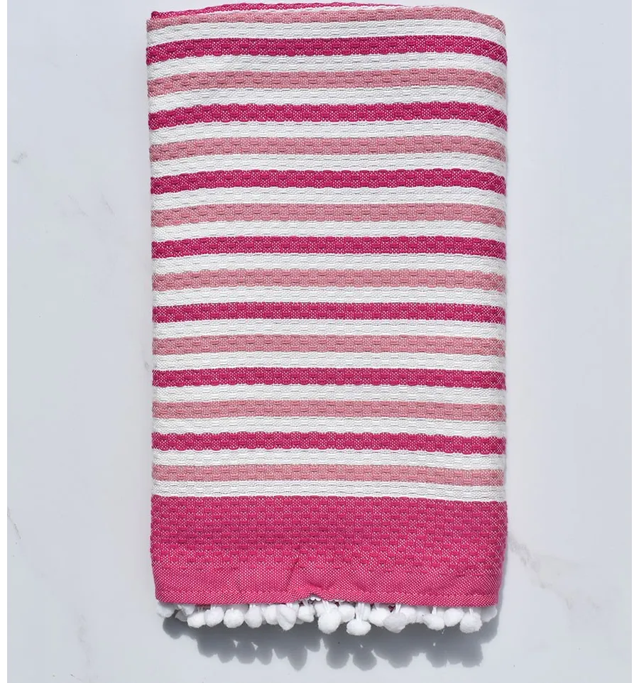 Fouta bianco sporco e rosa con pompon 