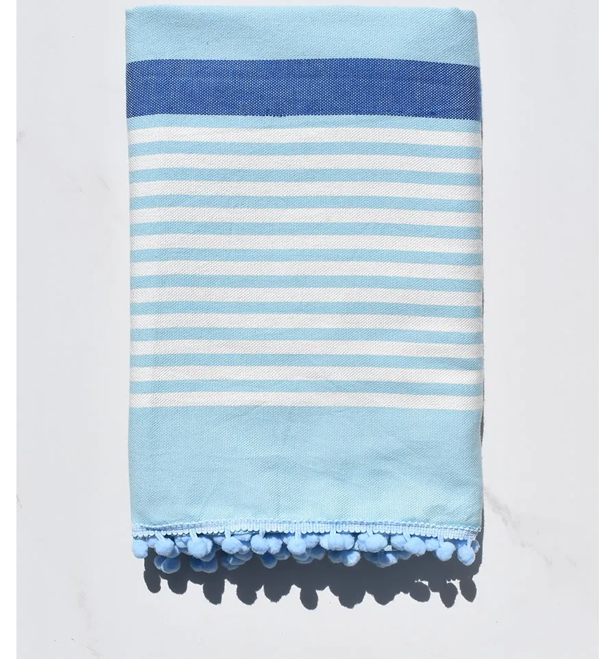 Fouta sporco bianco, blu e azurin con pompon 