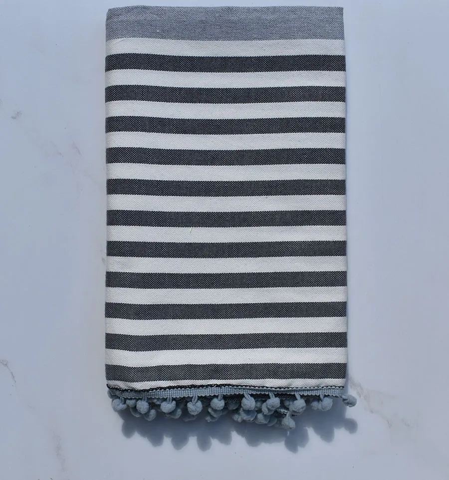 Fouta sporco bianco, grigio e grigio scuro con pompon 