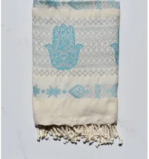 Fouta khomsa azzurro con filo lurex argento 