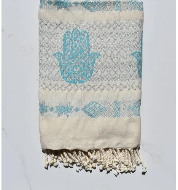 Fouta khomsa azzurro con filo lurex argento 