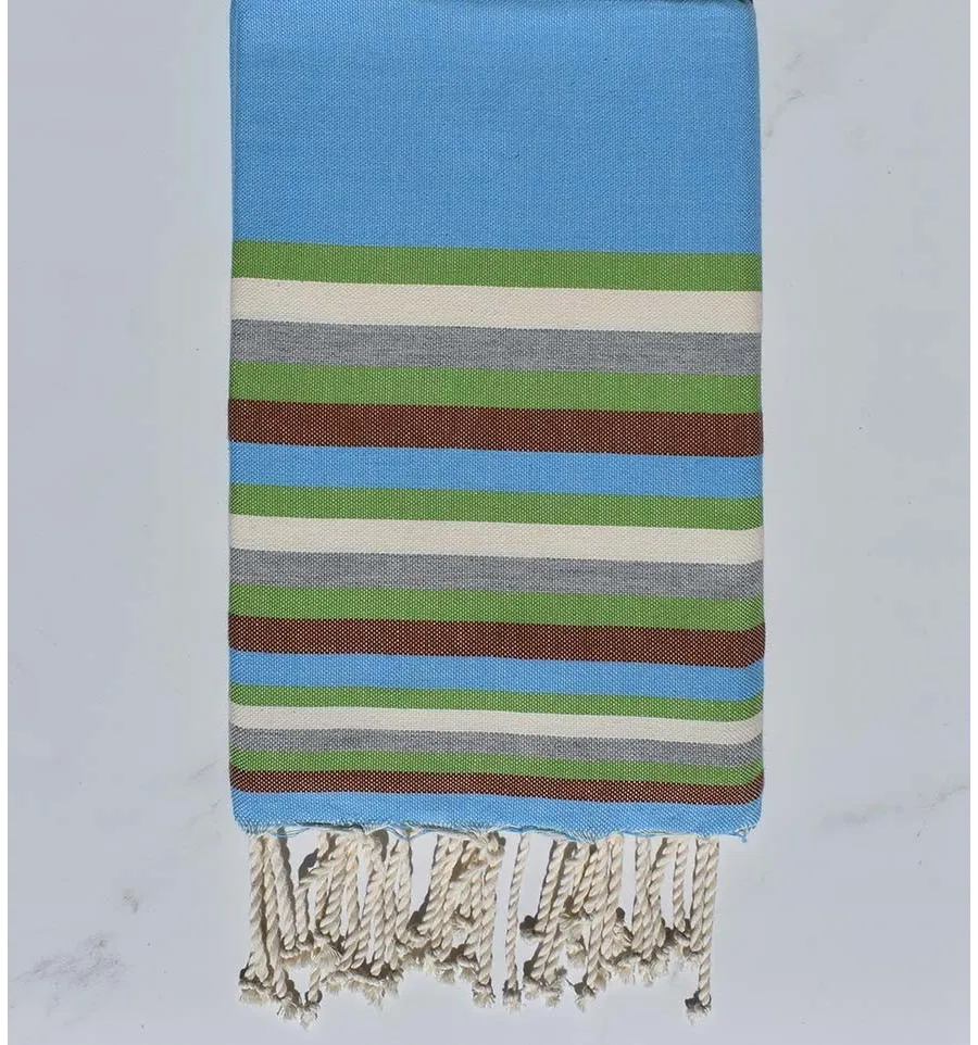 Telo mare Fouta blu chiaro, verde, bianco grigio e marrone 