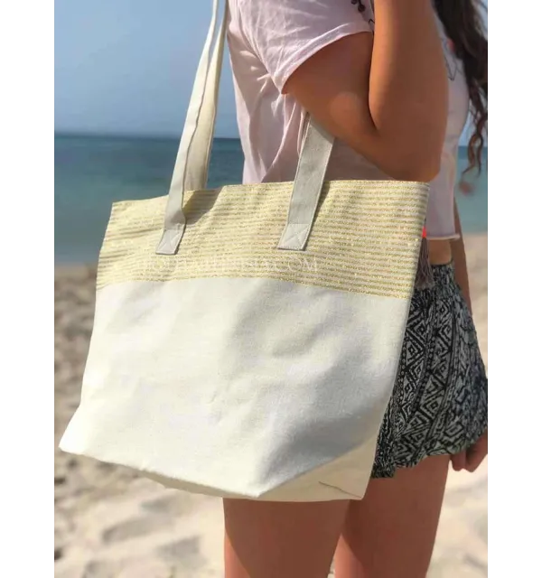 borsa da spiaggia telo mare colore ecru con lurex dorato Fouta Tunisia - 1