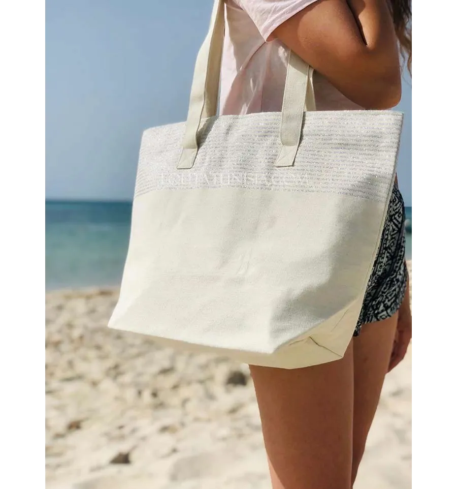 borsa da spiaggia telo mare colore ecru con lurex argento Fouta Tunisia - 1