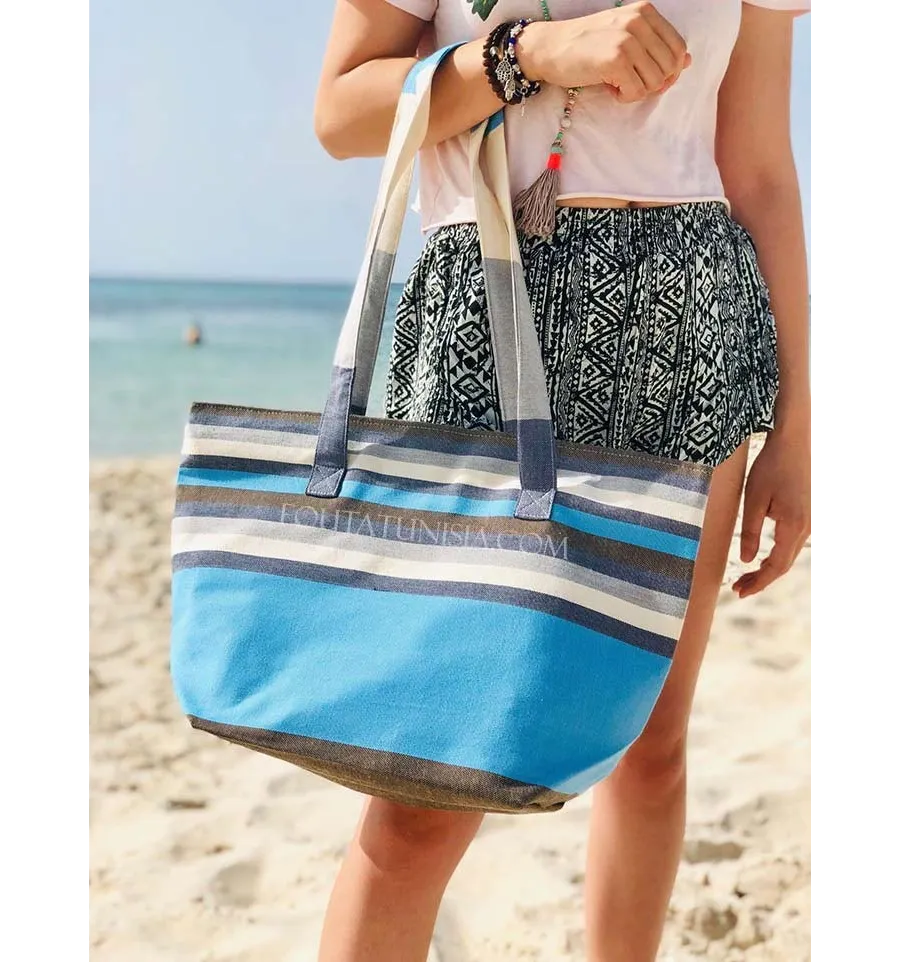 Borsa da spiaggia telo mare 5 colori jeans blu cielo, bianco, grigio, arancione, marrone e blu Fouta Tunisia - 2