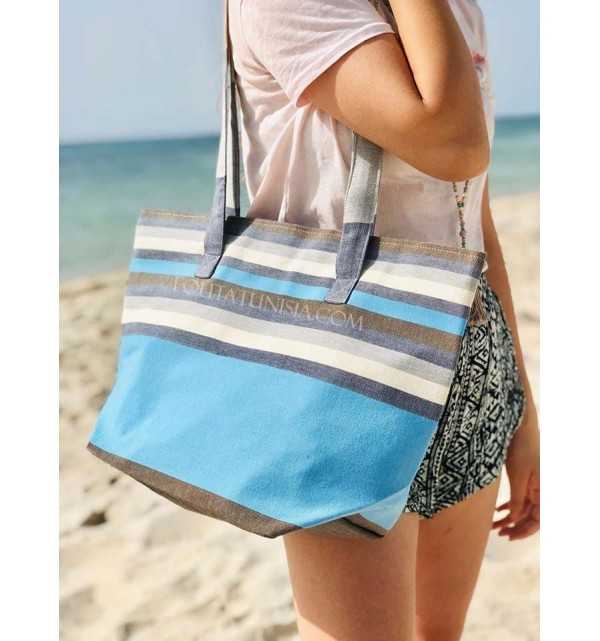 Borsa da spiaggia telo mare 5 colori jeans blu cielo, bianco, grigio, arancione, marrone e blu Fouta Tunisia - 1