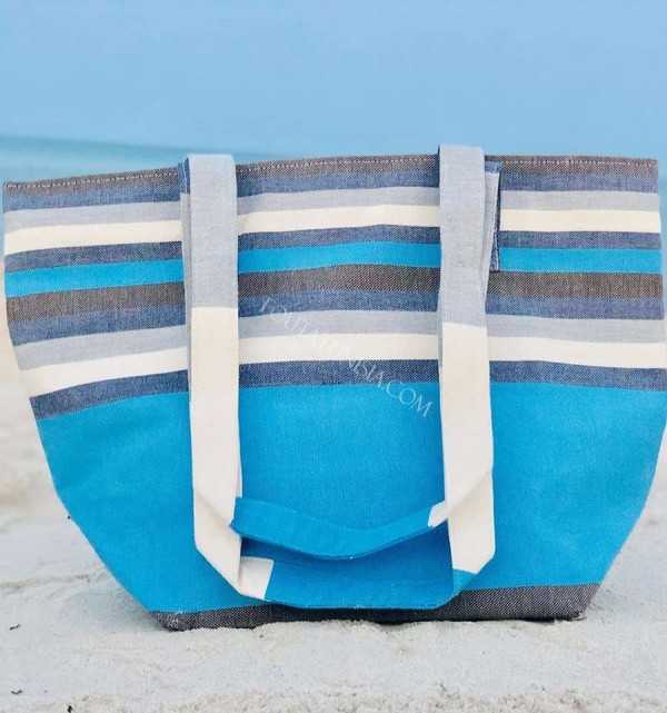 Borsa da spiaggia telo mare 5 colori jeans blu cielo, bianco, grigio, arancione, marrone e blu Fouta Tunisia - 3