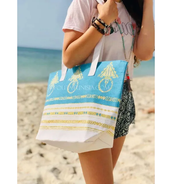 borsa da spiaggia  telo mare khlela blu azzurro Fouta Tunisia - 1