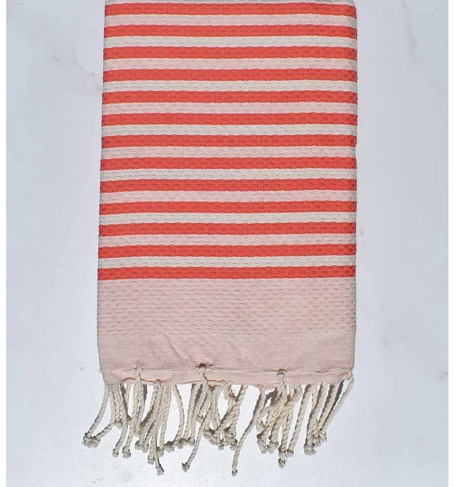 Fouta nid d'abeille rayée 1 cm couleur rose corail Fouta Tunisia - 1