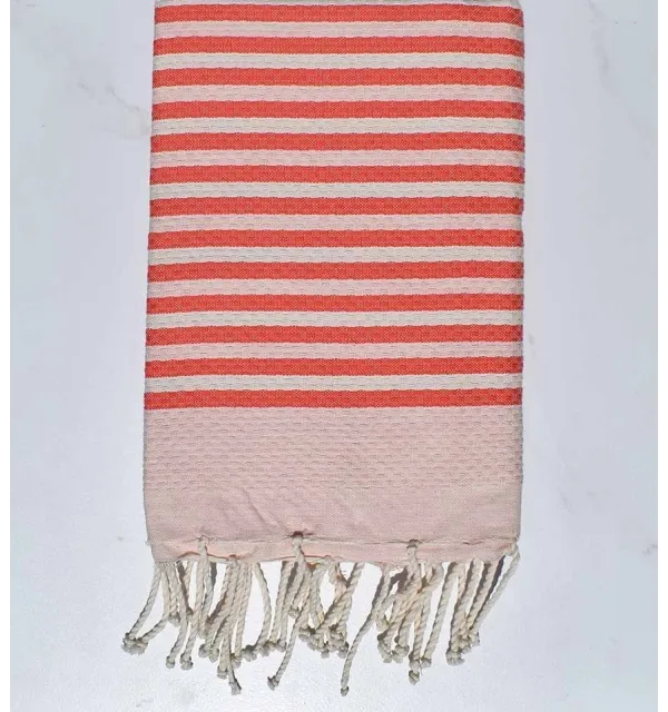 Fouta nid d'abeille rayée 1 cm couleur rose corail Fouta Tunisia - 1