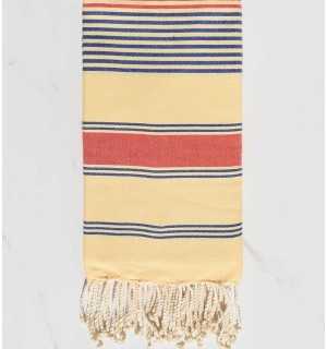 Telo mare Dina giallo crema, blu jean e rosso corallo Fouta Tunisia - 1