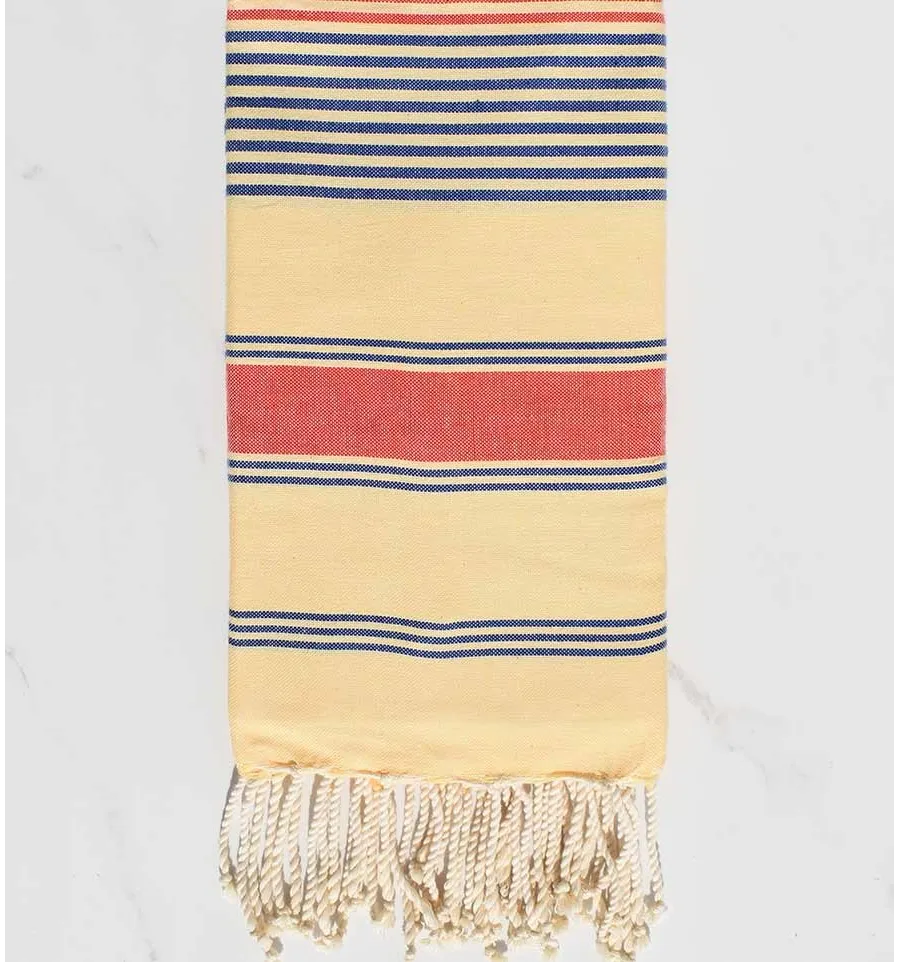 Telo mare Dina giallo crema, blu jean e rosso corallo Fouta Tunisia - 1