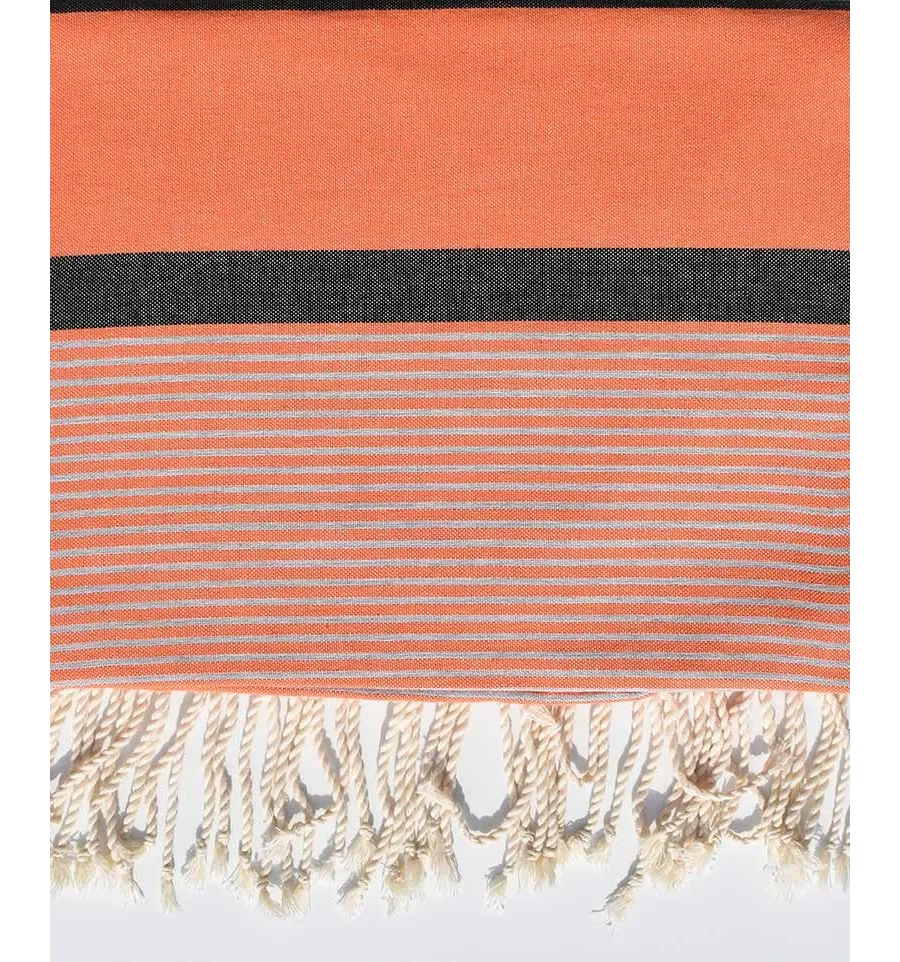 Grande fouta 1.40m/2.50m arancio corallo e grigio nero Fouta Tunisia - 1