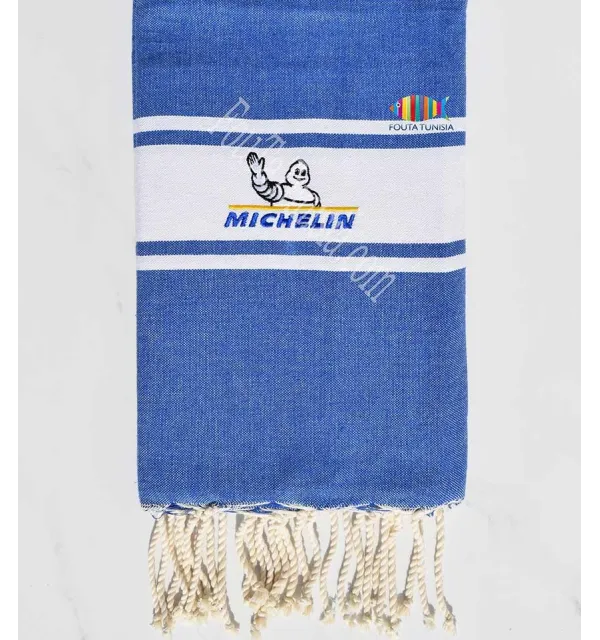 telo mare piatto blu denim con ricamo Michelin Fouta Tunisia - 1