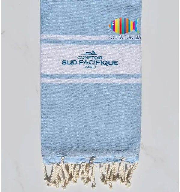 telo mare piatto colore azzurro ricamato comptoir sud pacifique Fouta Tunisia - 1