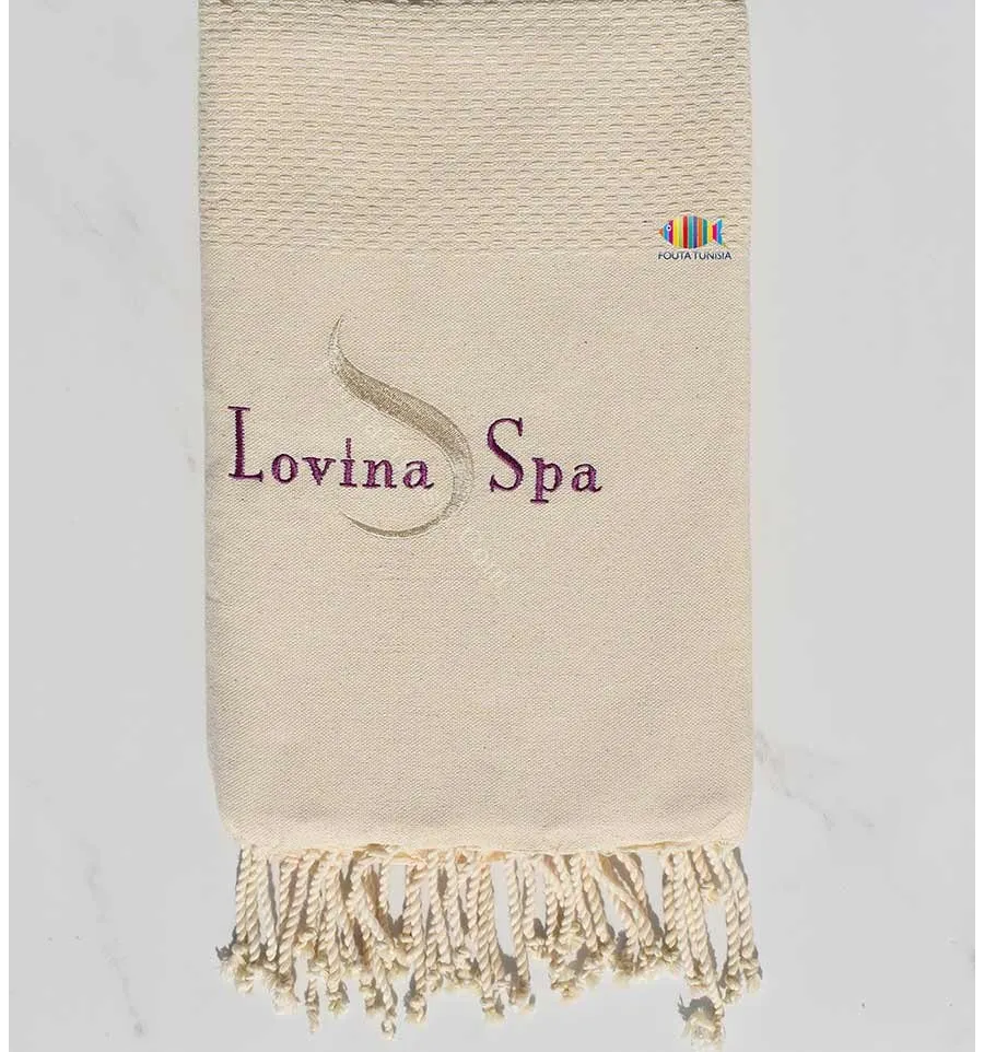 telo mare a nido d'ape unita colore beige ricamato Lovina SPA Fouta Tunisia - 1