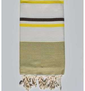 telo mare chevron bianco crema, giallo neon e marrone Fouta Tunisia - 1