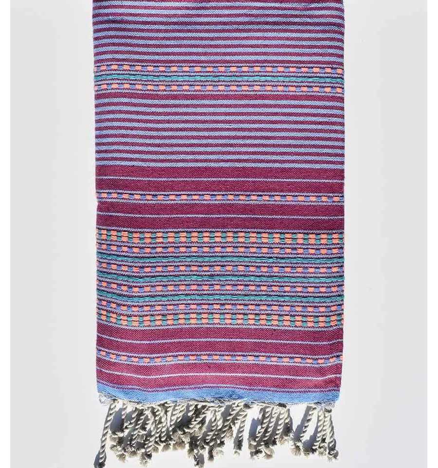 Telo mare arabesca magenta scuro con strisce blu Fouta Tunisia - 1