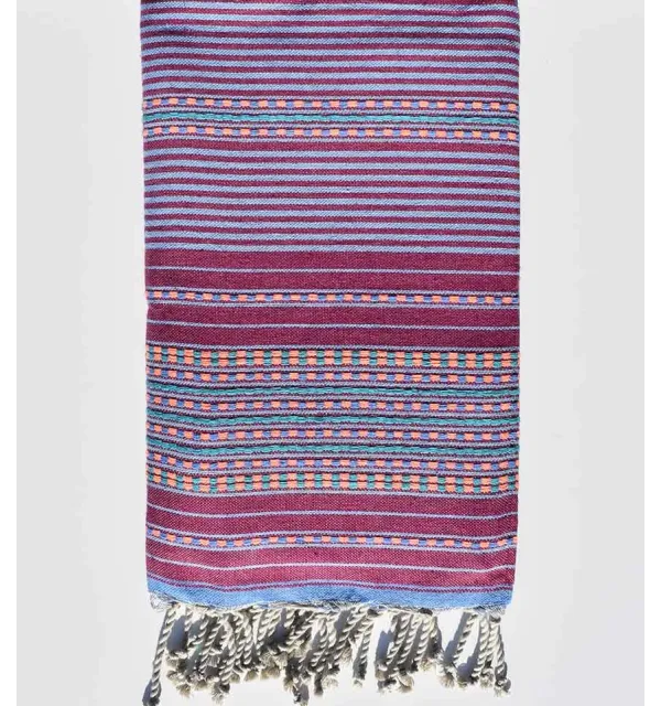 Telo mare arabesca magenta scuro con strisce blu Fouta Tunisia - 1