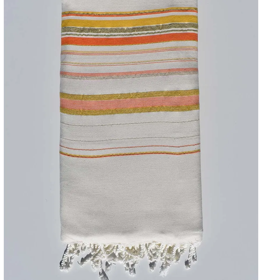 Grande telo mare fadhila crema bianco, arancio e senape con lurex Fouta Tunisia - 1