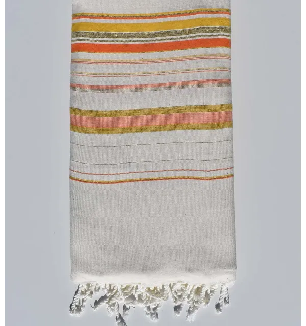 Grande telo mare fadhila crema bianco, arancio e senape con lurex Fouta Tunisia - 1