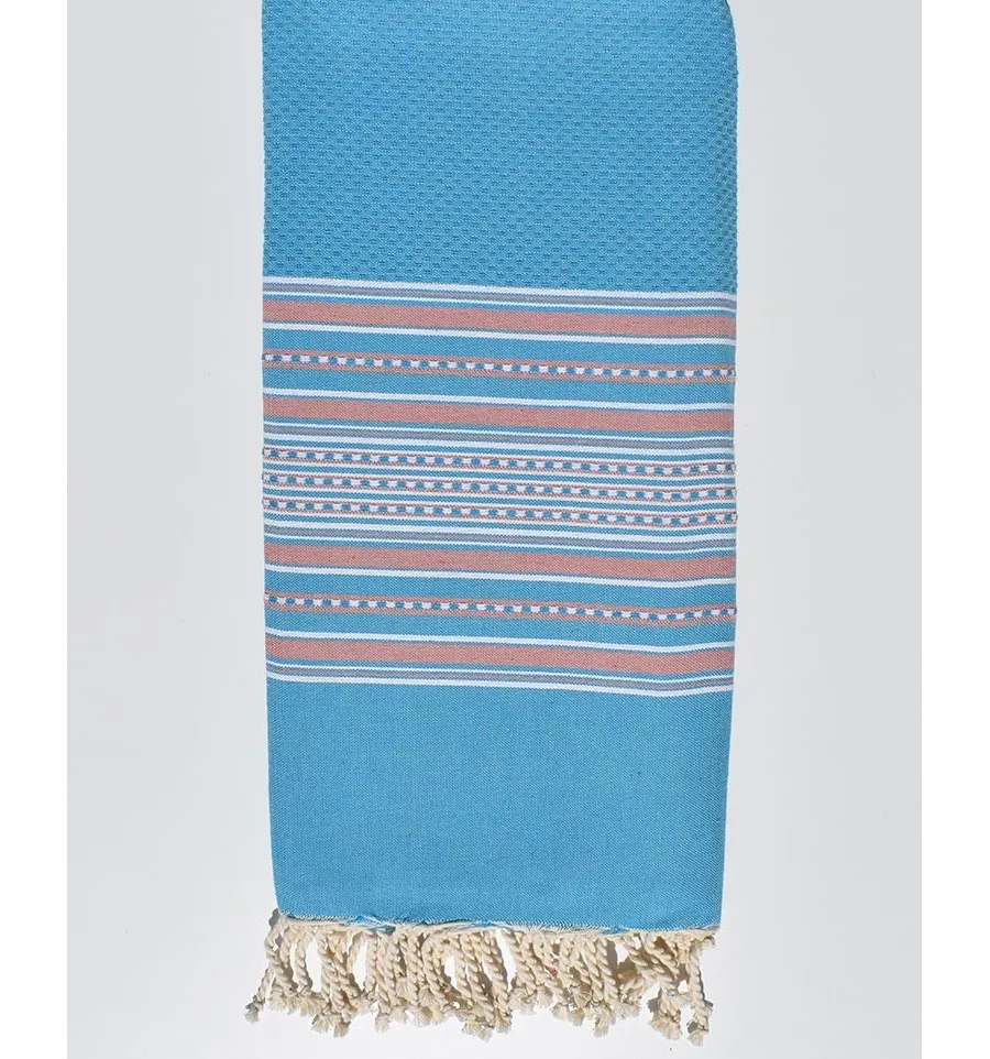 Grande telo mare arabesca azzurro strisce rosa pallido Fouta Tunisia - 1