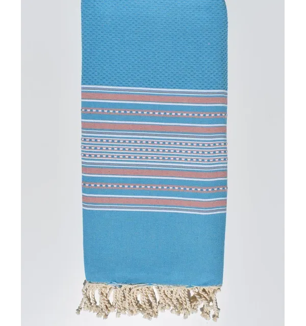 Grande telo mare arabesca azzurro strisce rosa pallido Fouta Tunisia - 1